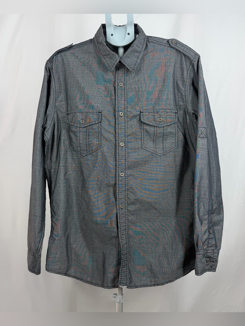 PD&C Mens XL Charcoal Grey Chambray Shirt Long Sleeve Button Up Dual Pocket